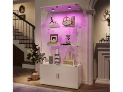 Vitrina* Vitrine de vidro com 3 prateleiras, armários e iluminação LED – Design moderno Branco