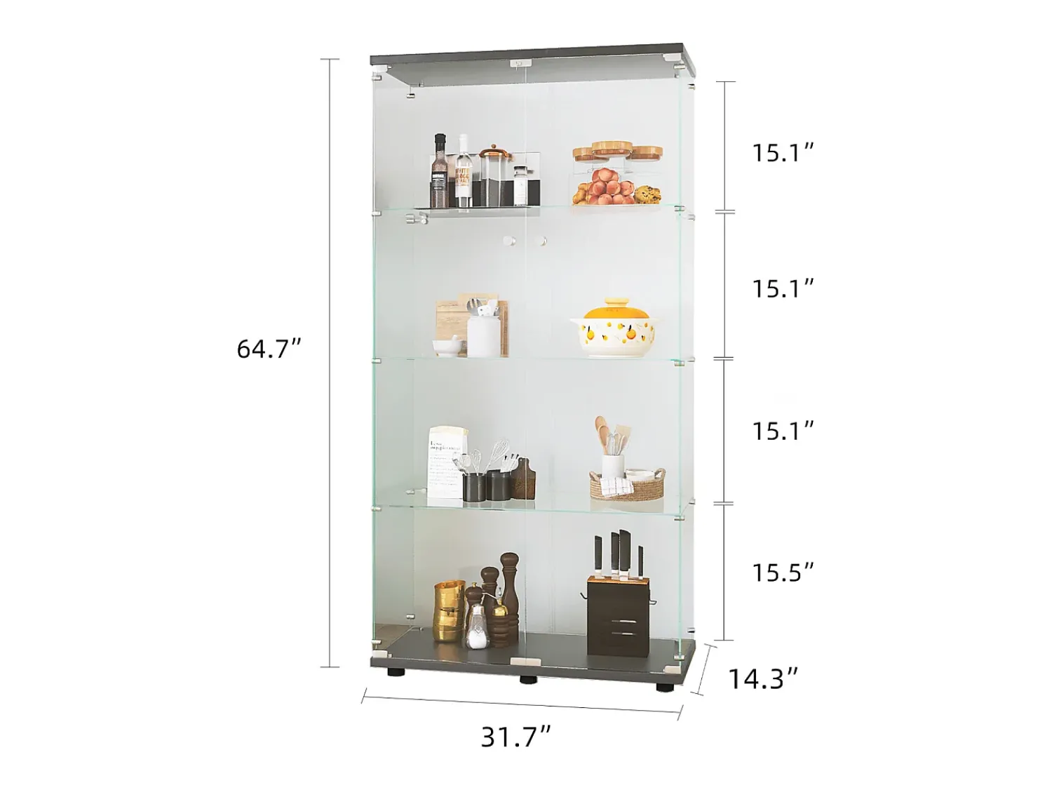 Vitrina| Vitrine de vidro com 4 prateleiras, 2 portas e fechadura, 164 x 80 x 36 cm, preta Preto