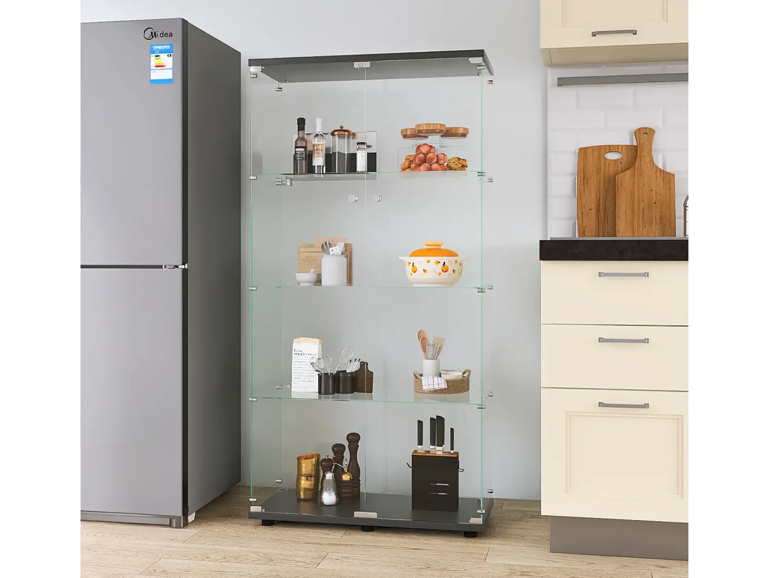 Vitrina| Vitrine de vidro com 4 prateleiras, 2 portas e fechadura, 164 x 80 x 36 cm, preta Preto
