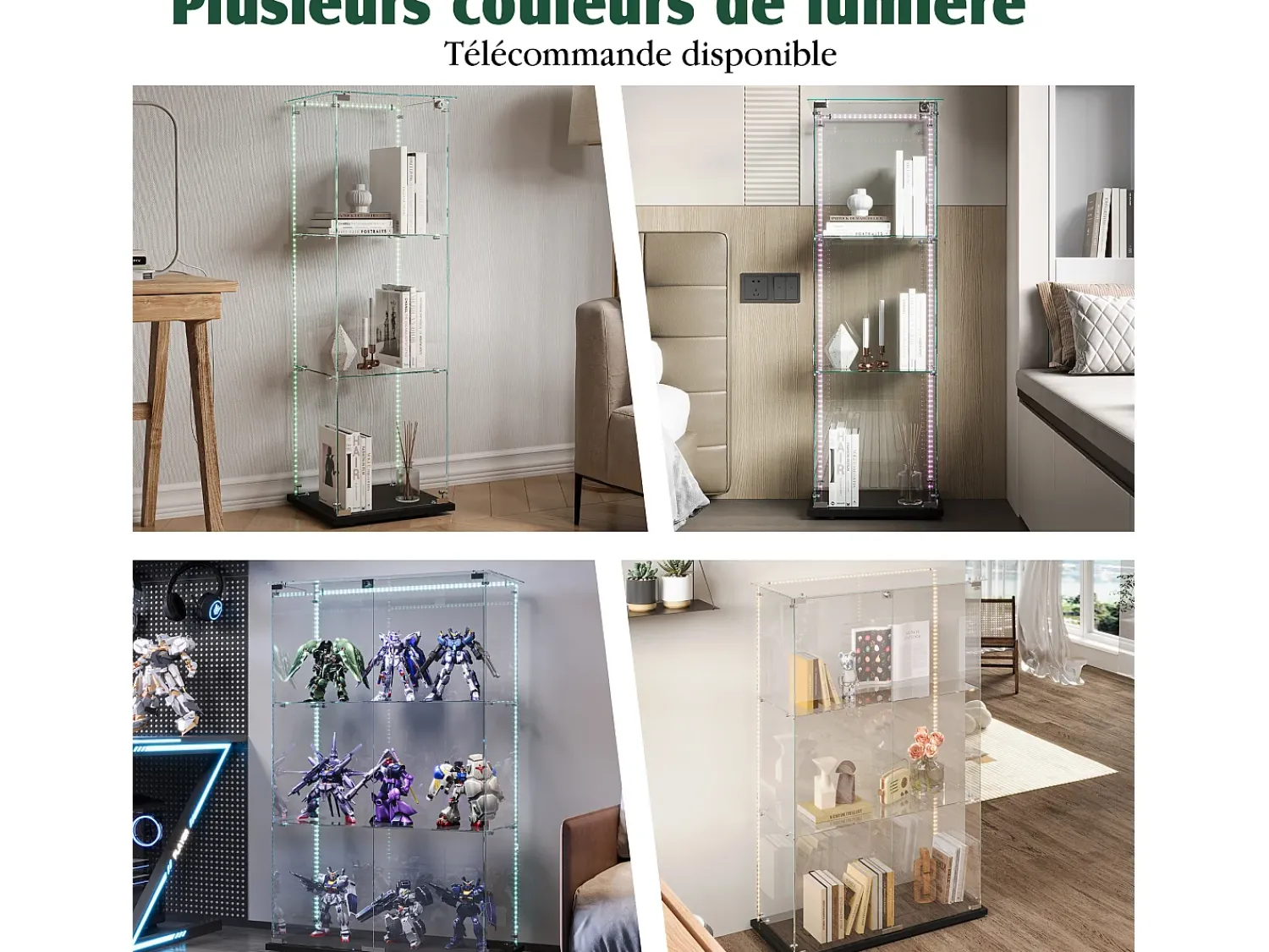Vitrina| Vitrine de vidro com iluminação LED, 1 porta com fechadura, 3 prateleiras ajustáveis, 125 x 42 x 36 cm, preta Preto
