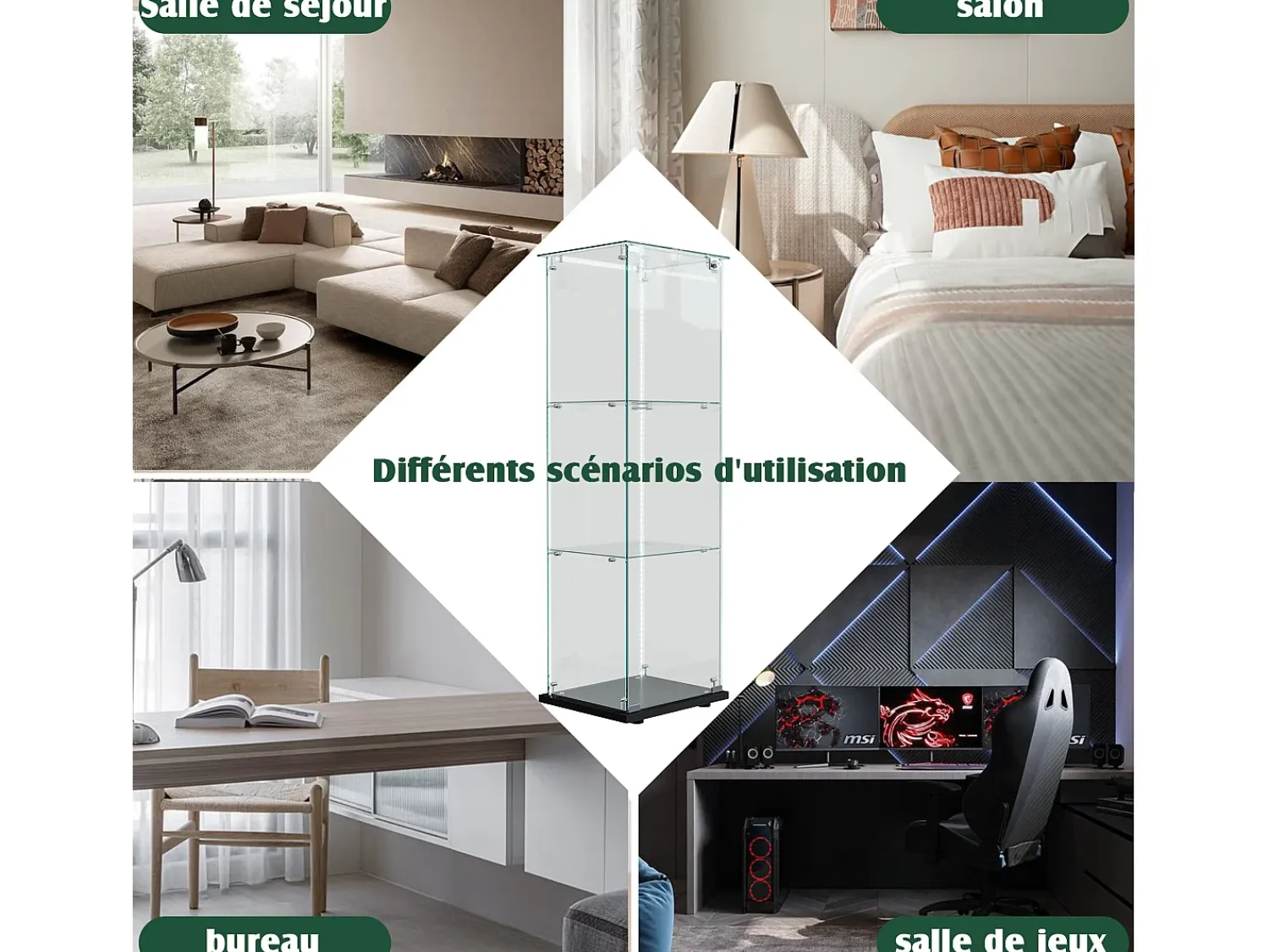 Vitrina| Vitrine de vidro com iluminação LED, 1 porta com fechadura, 3 prateleiras ajustáveis, 125 x 42 x 36 cm, preta Preto