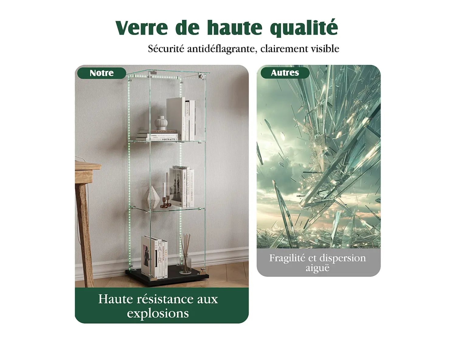 Vitrina| Vitrine de vidro com iluminação LED, 1 porta com fechadura, 3 prateleiras ajustáveis, 125 x 42 x 36 cm, preta Preto