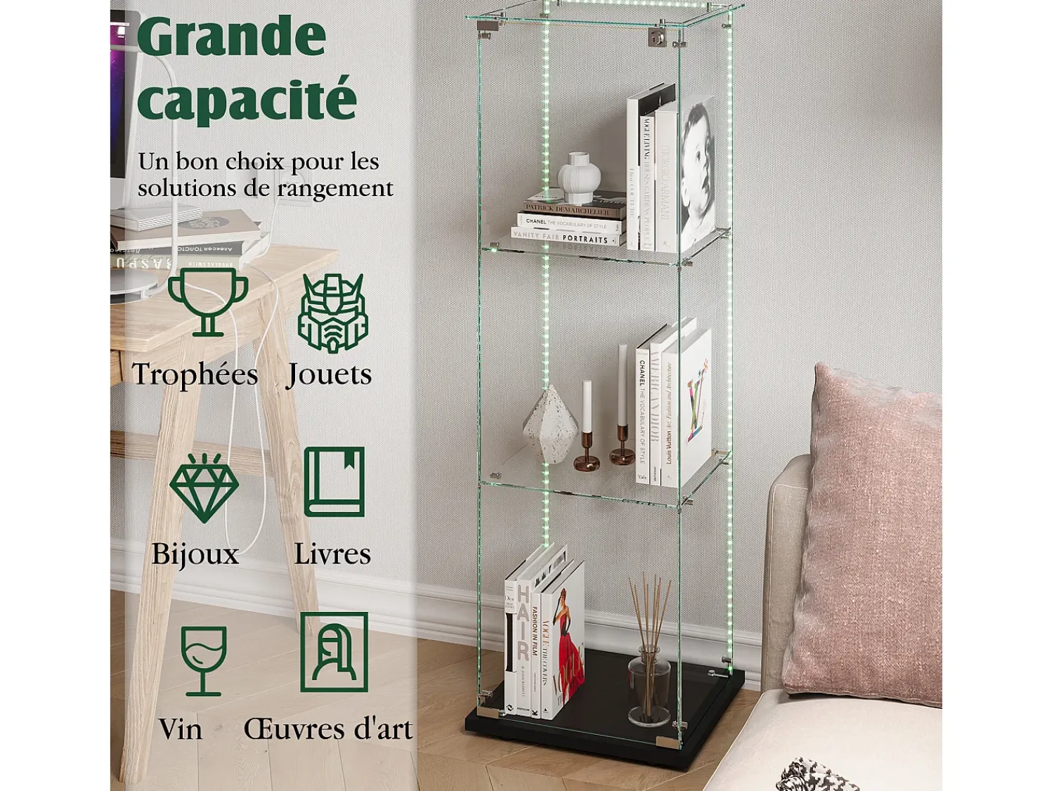 Vitrina| Vitrine de vidro com iluminação LED, 1 porta com fechadura, 3 prateleiras ajustáveis, 125 x 42 x 36 cm, preta Preto