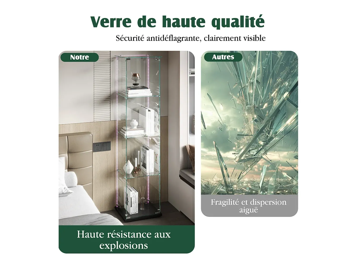 Vitrine de vidro com iluminação LED, portas e prateleiras com fechadura, ideal para sala de estar/bar, 163x40x35 cm, preta.^ Vitrina