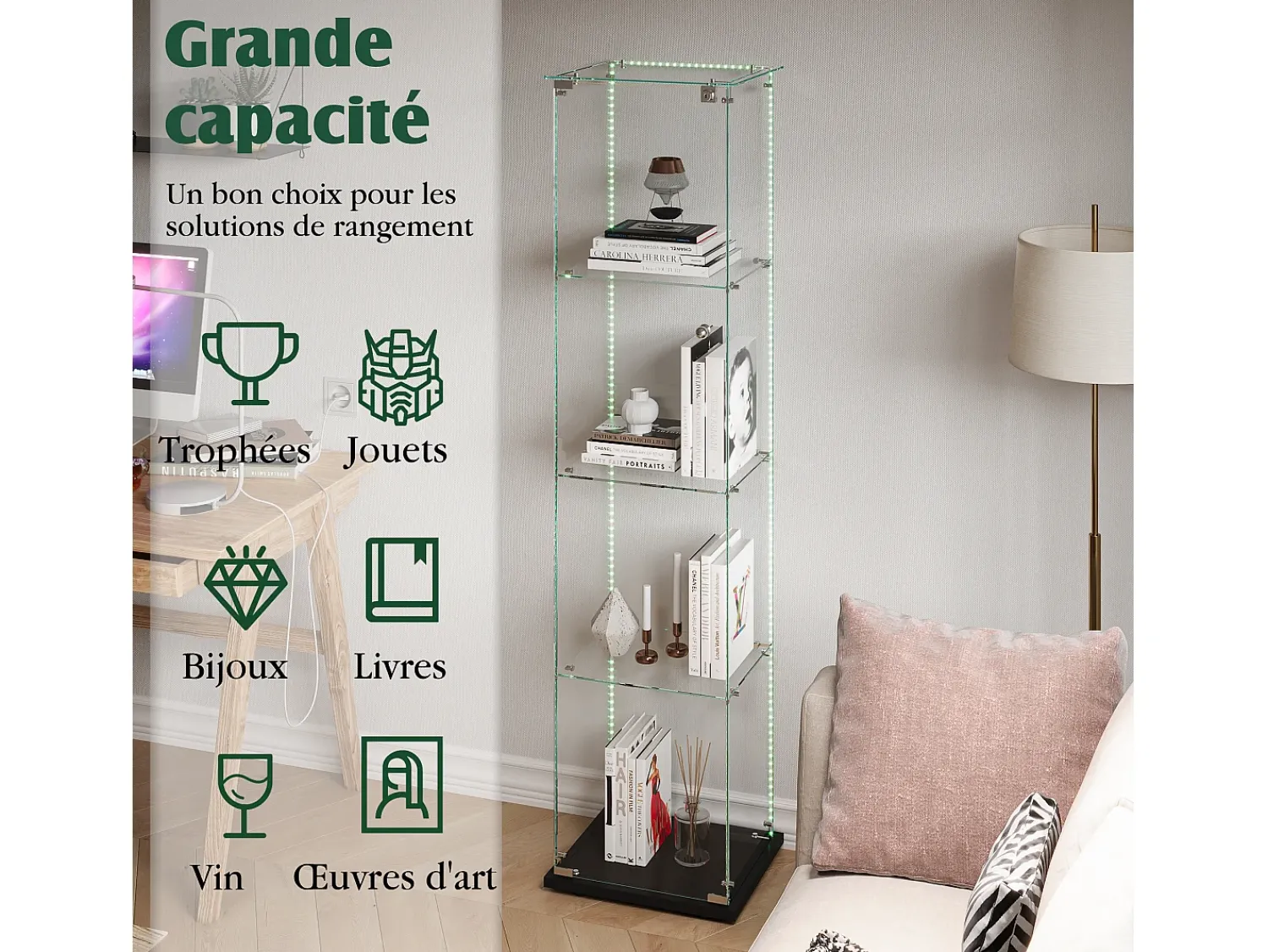 Vitrine de vidro com iluminação LED, portas e prateleiras com fechadura, ideal para sala de estar/bar, 163x40x35 cm, preta.^ Vitrina