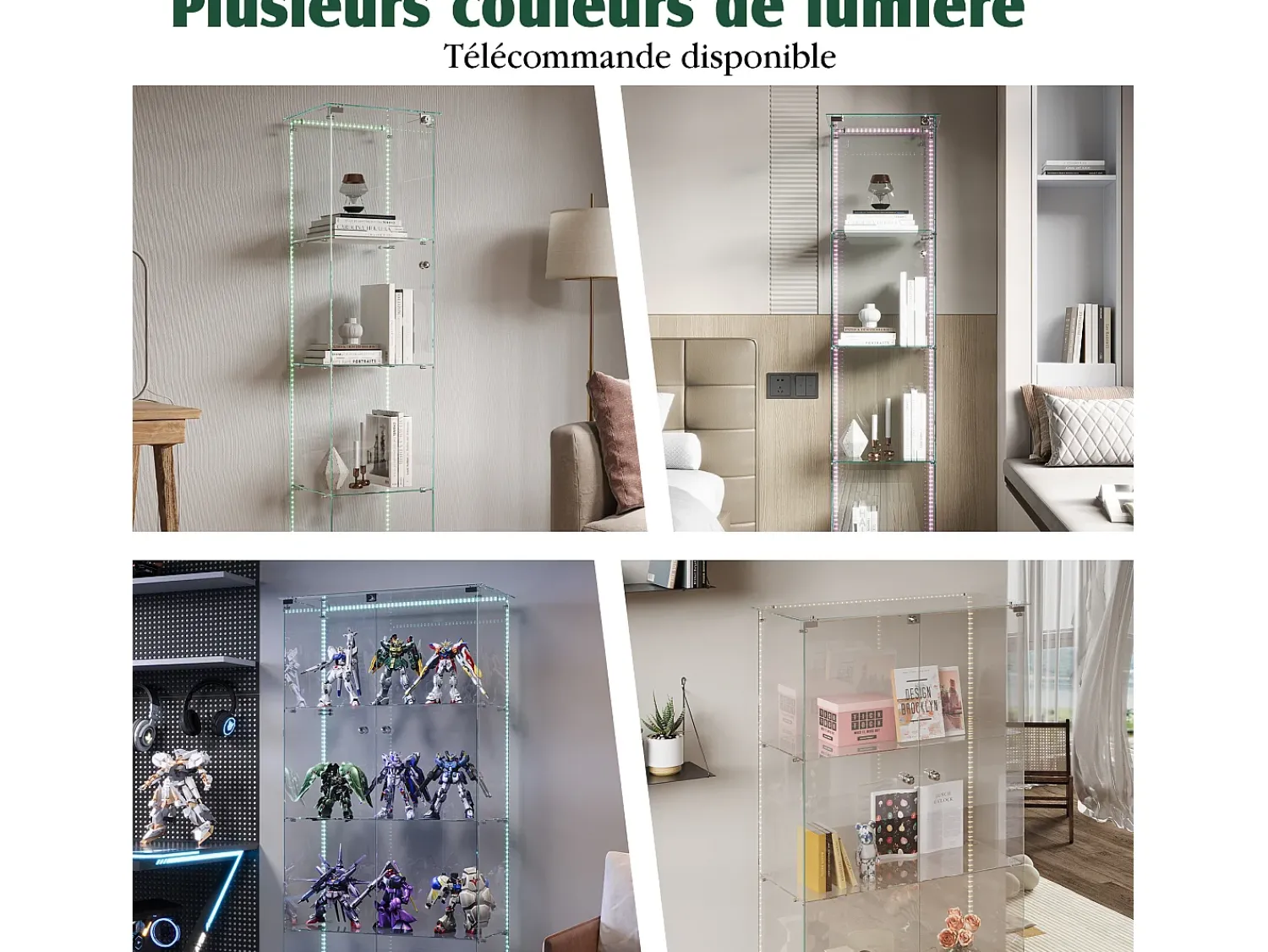 Vitrine de vidro com iluminação LED, portas e prateleiras com fechadura, ideal para sala de estar/bar, 163x40x35 cm, preta.^ Vitrina