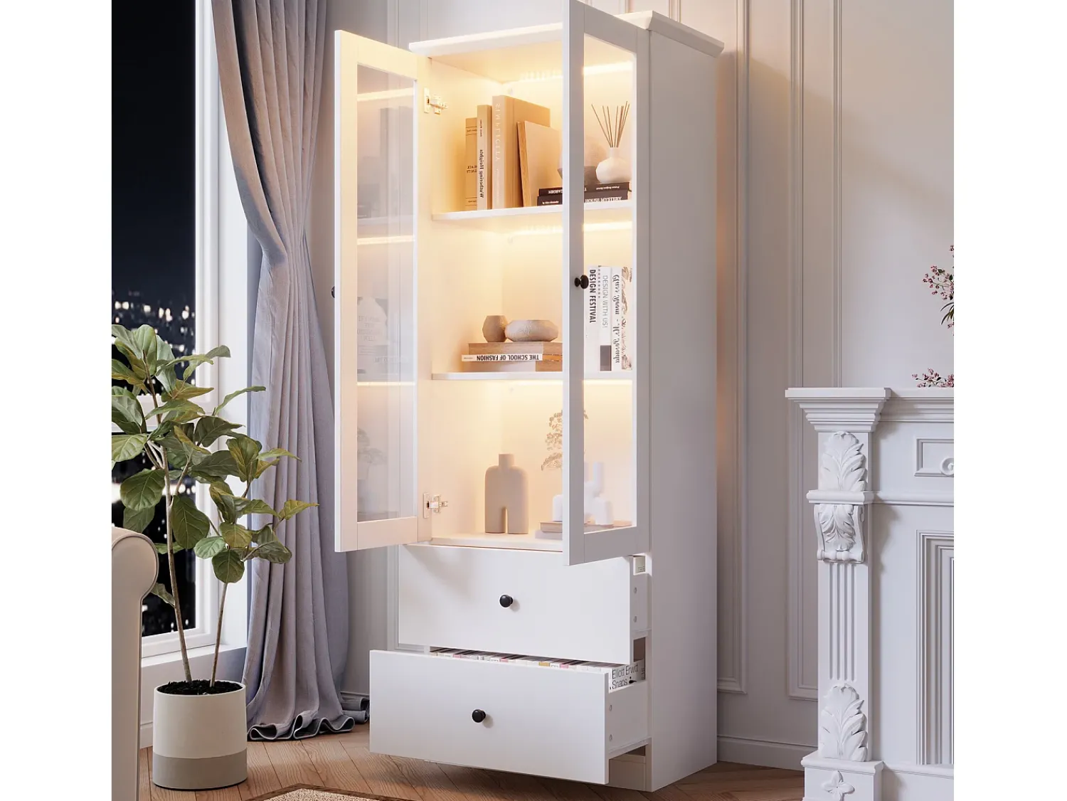 Vitrina| Vitrine de vidro com iluminação LED, 2 portas e 2 gavetas, 60x35,5x165cm, branca Branco