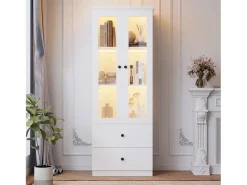 Vitrina| Vitrine de vidro com iluminação LED, 2 portas e 2 gavetas, 60x35,5x165cm, branca Branco