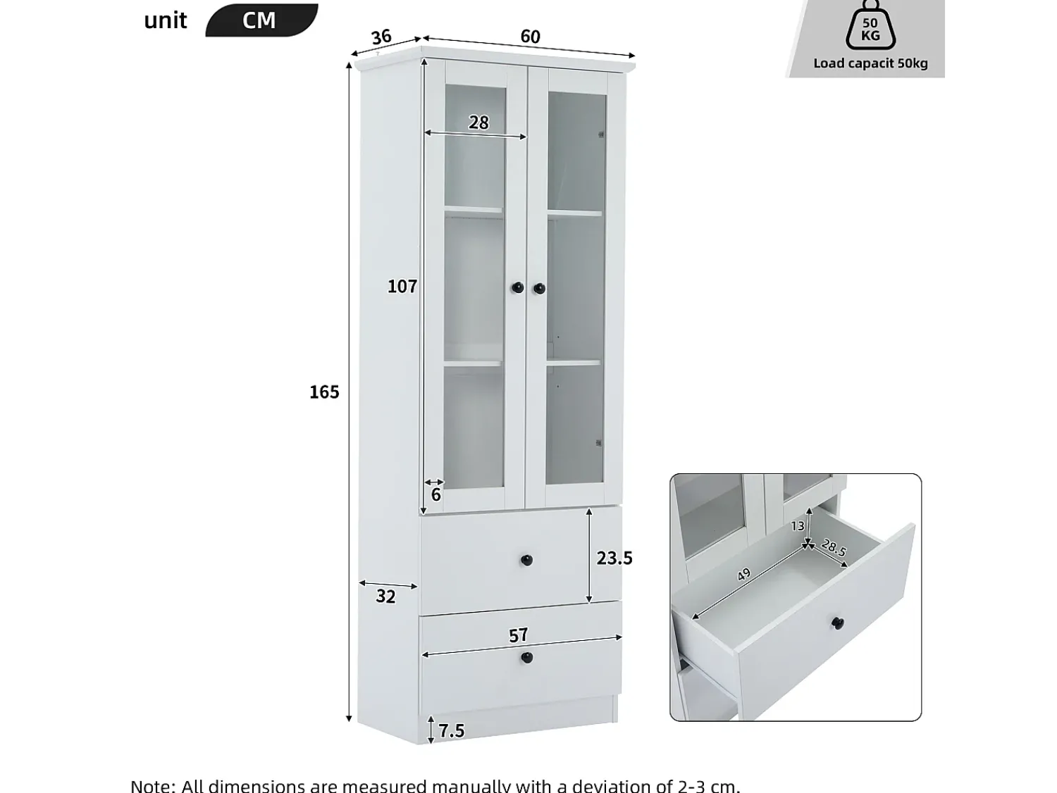 Vitrina| Vitrine de vidro com iluminação LED, 2 portas e 2 gavetas, 60x35,5x165cm, branca Branco
