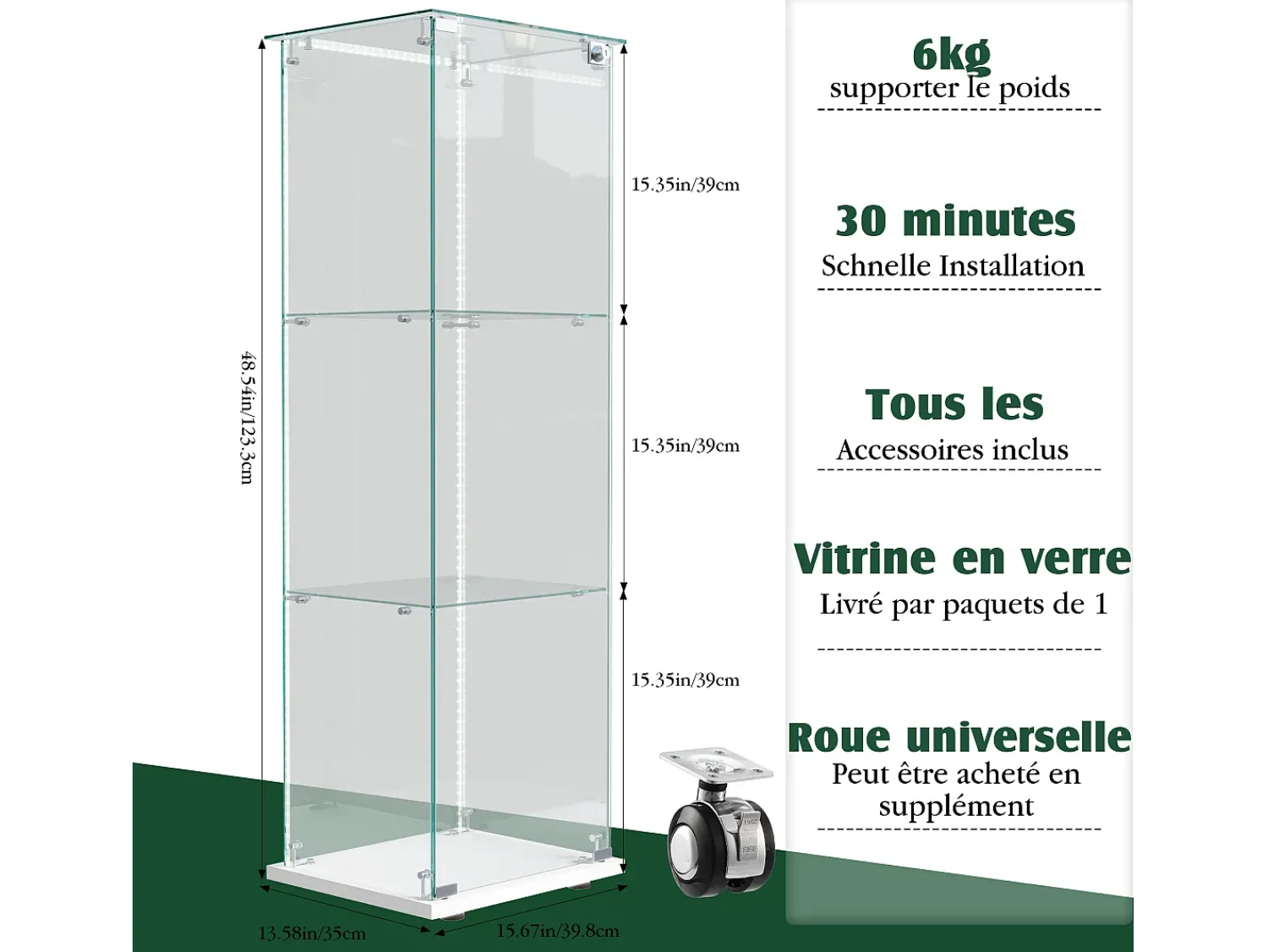 Sale Vitrine de vidro com iluminação LED, 1 porta com fechadura, 3 prateleiras ajustáveis, 125 x 42 x 36 cm, branca. Branco