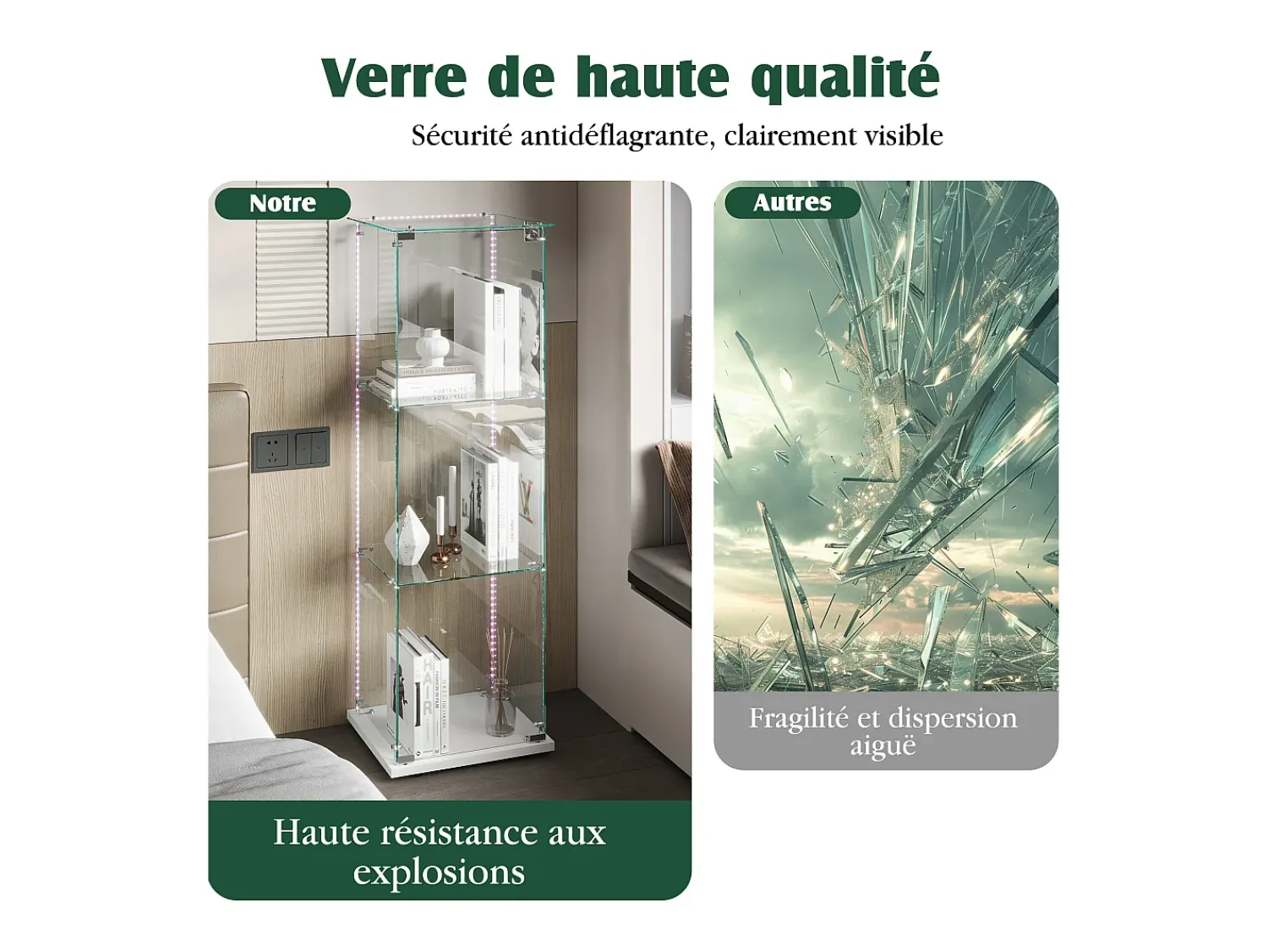 Sale Vitrine de vidro com iluminação LED, 1 porta com fechadura, 3 prateleiras ajustáveis, 125 x 42 x 36 cm, branca. Branco