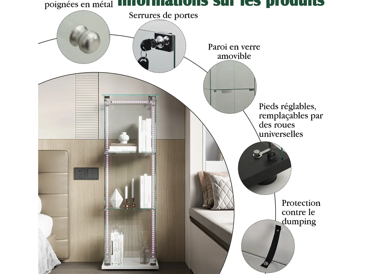 Sale Vitrine de vidro com iluminação LED, 1 porta com fechadura, 3 prateleiras ajustáveis, 125 x 42 x 36 cm, branca. Branco