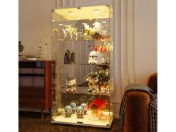 Vitrina| Vitrine de vidro com iluminação LED e fechadura, vitrine de vidro para sala de estar com 2 portas e prateleiras, branca Branco