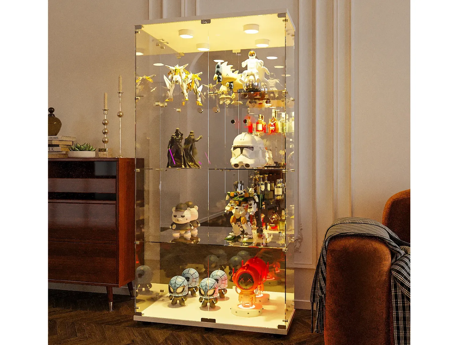Vitrina| Vitrine de vidro com iluminação LED e fechadura, vitrine de vidro para sala de estar com 2 portas e prateleiras, branca Branco