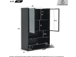 Vitrina* Vitrine de vidro com iluminação LED - Design pop-up - Vitrine para coleções - 35 x 80 x 120 cm, Preta Preto