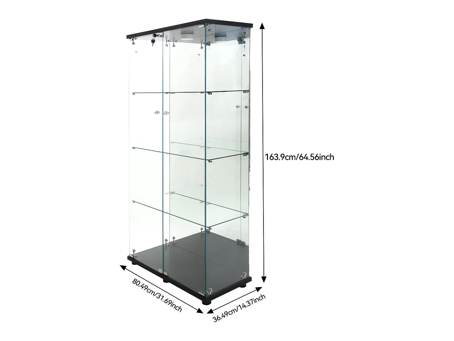 Vitrine de vidro de 163,9 x 36,49 x 80,49 cm, com prateleiras e iluminação LED, armário de curiosidades com porta dupla^ Vitrina