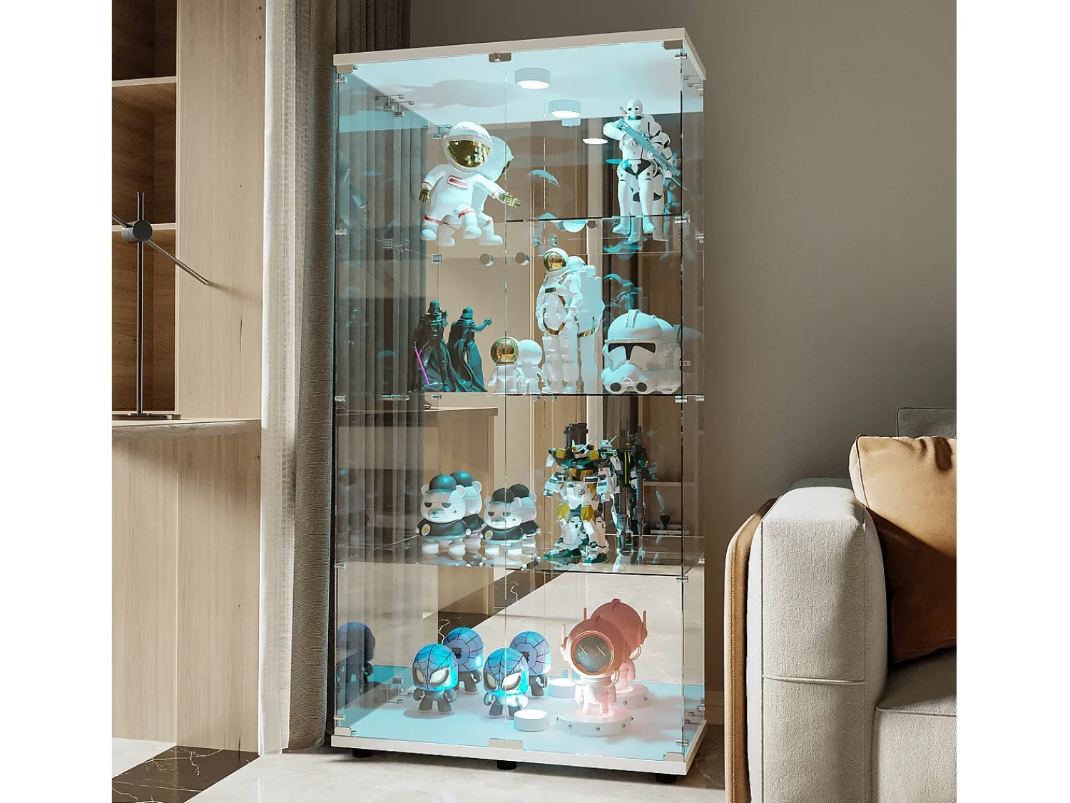 Vitrine de vidro de 163,9 x 36,49 x 80,49 cm, com prateleiras e iluminação LED, armário de curiosidades com porta dupla^ Vitrina