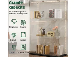 Vitrina| Vitrine de vidro independente - Vitrine independente com iluminação LED - 3 prateleiras - 2 portas e fechadura - Preta Preto