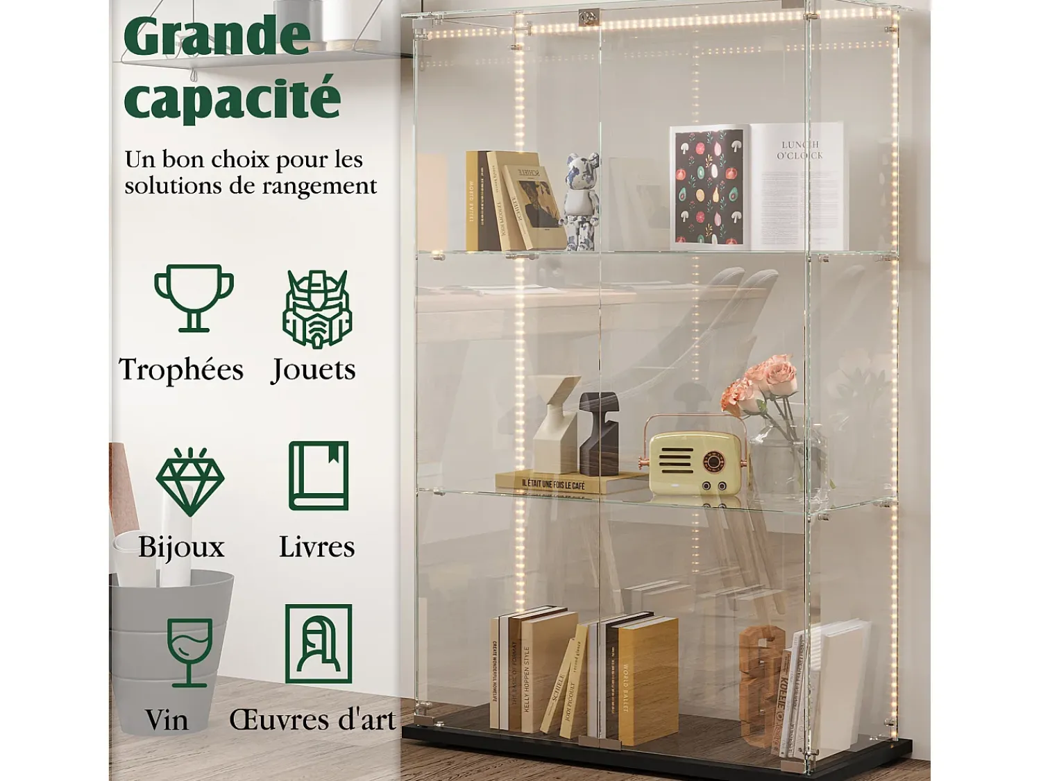 Vitrina| Vitrine de vidro independente - Vitrine independente com iluminação LED - 3 prateleiras - 2 portas e fechadura - Preta Preto