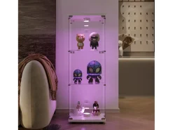 Vitrine de vidro independente, 125 cm, com iluminação LED, fechadura, 1 porta, 3 prateleiras, transparente, branca^ Vitrina