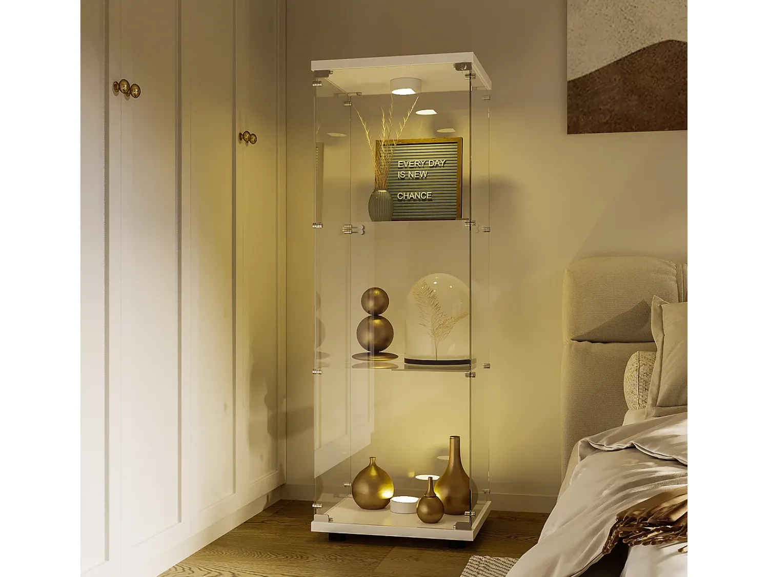 Vitrine de vidro independente, 125 cm, com iluminação LED, fechadura, 1 porta, 3 prateleiras, transparente, branca^ Vitrina