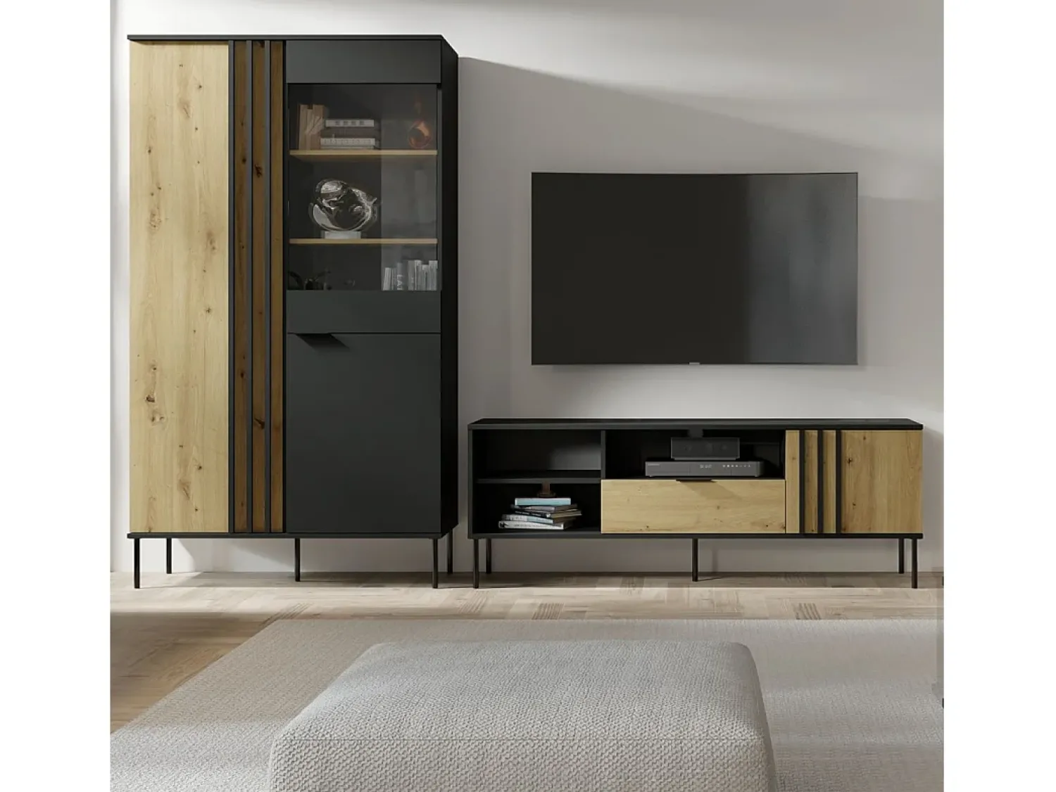 Clearance Meublorama Vitrine design IZO – 2 portas – Ônix & Carvalho claro – 110x195x40 cm Preto