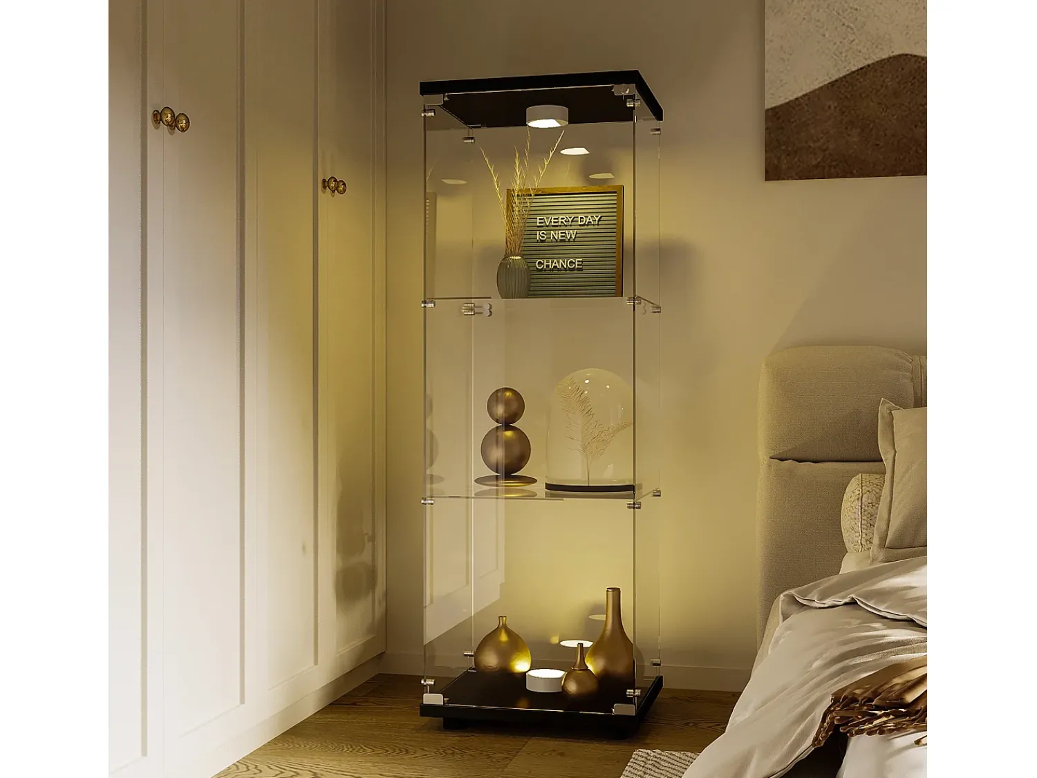 Online Vitrine em vidro 42×36×125cm GARHELPER - 3 prateleiras - 1 porta - Vidro temperado - Luz LED - branco Preto
