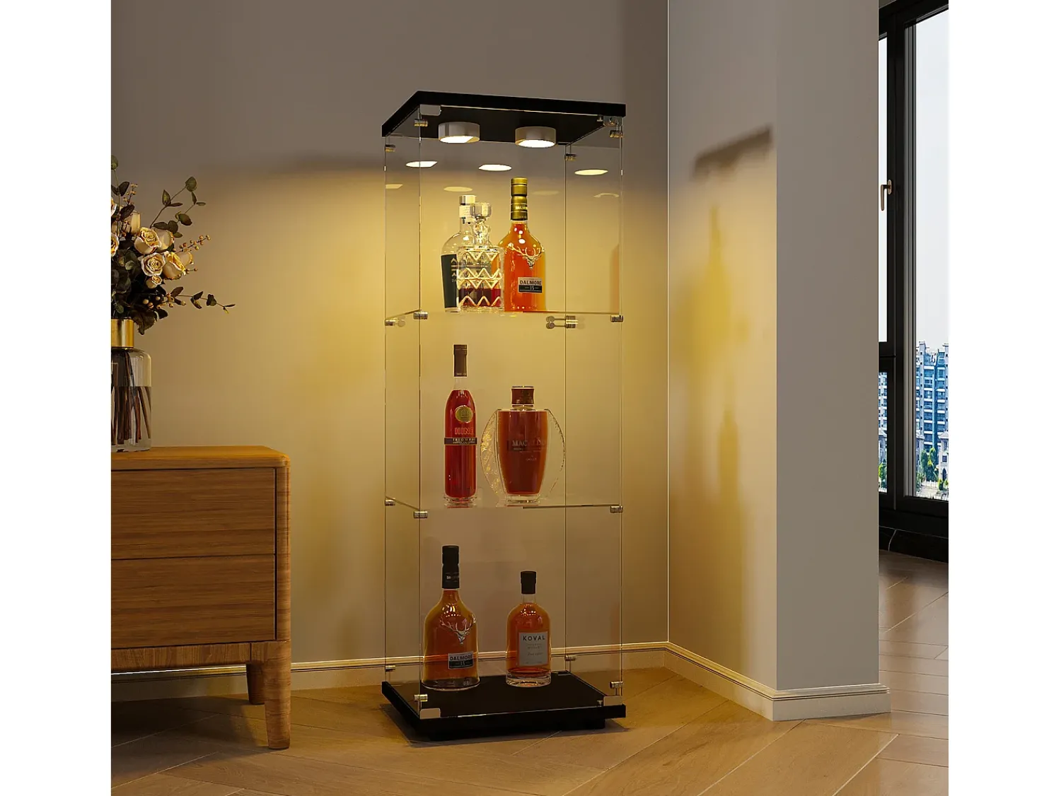 Online Vitrine em vidro 42×36×125cm GARHELPER - 3 prateleiras - 1 porta - Vidro temperado - Luz LED - branco Preto