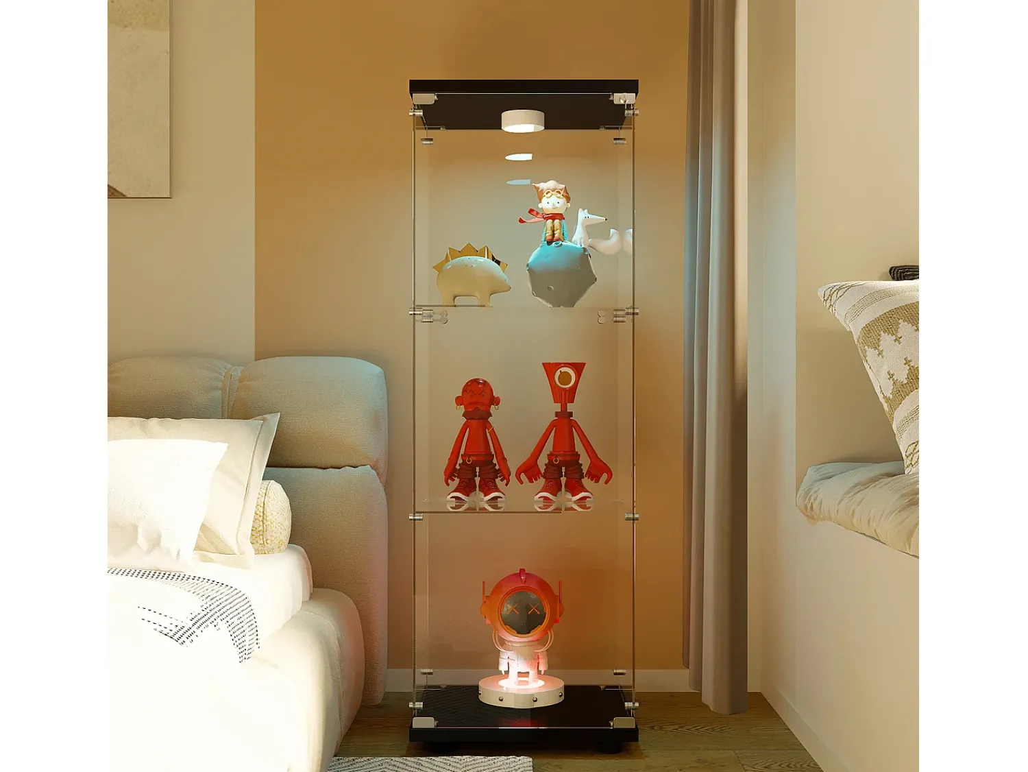 Online Vitrine em vidro 42×36×125cm GARHELPER - 3 prateleiras - 1 porta - Vidro temperado - Luz LED - branco Preto