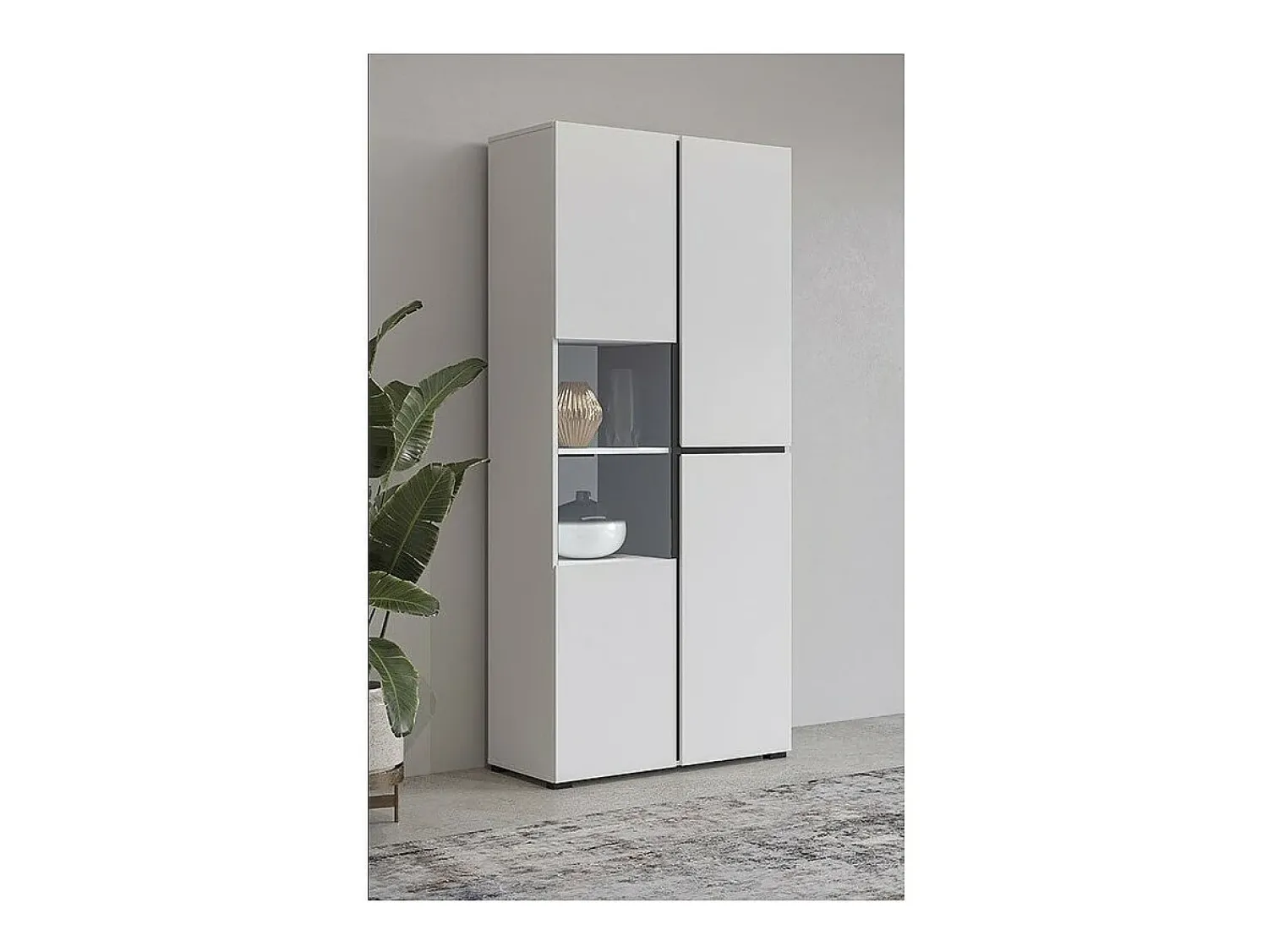 Vitrina*Meublorama Vitrine haute 2 portes collection HAVANA avec LED intégrée. Coloris blanc et noir. Branco