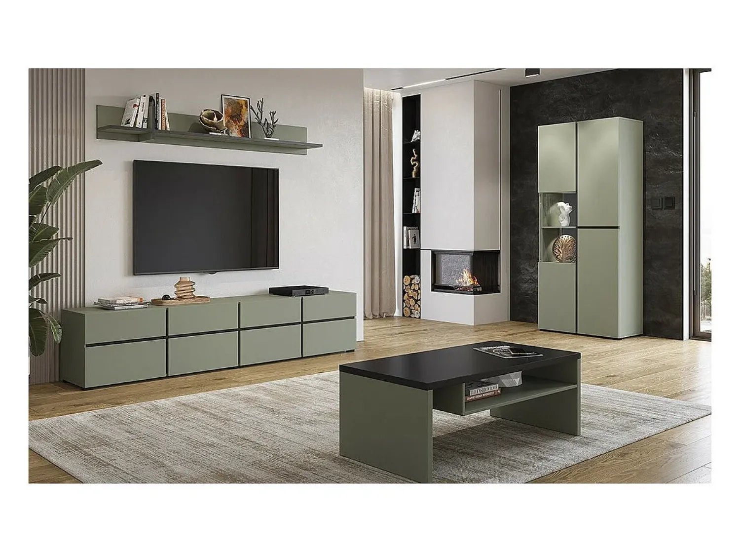 Vitrina*Meublorama Vitrine haute 2 portes collection HAVANA. Coloris sauge et noir. Verde