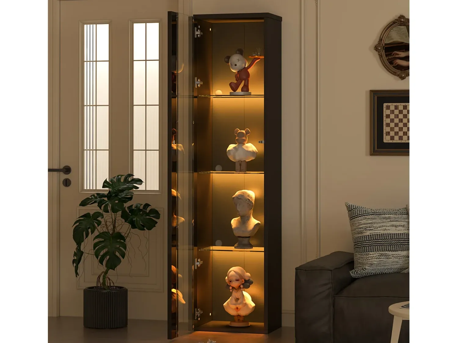 Clearance Merax Vitrine multifuncional - 40 x 29 x 170 cm - com porta de vidro + LEDs - PB + Vidro - Preto