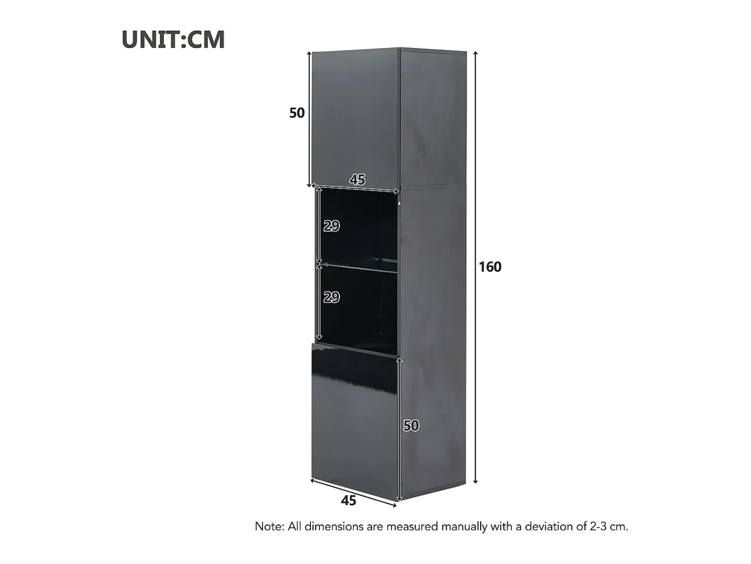 Discount Vitrine preta brilhante com iluminação LED - Armário alto para sala de estar - Armário de armazenamento - 45x35x160 cm Preto
