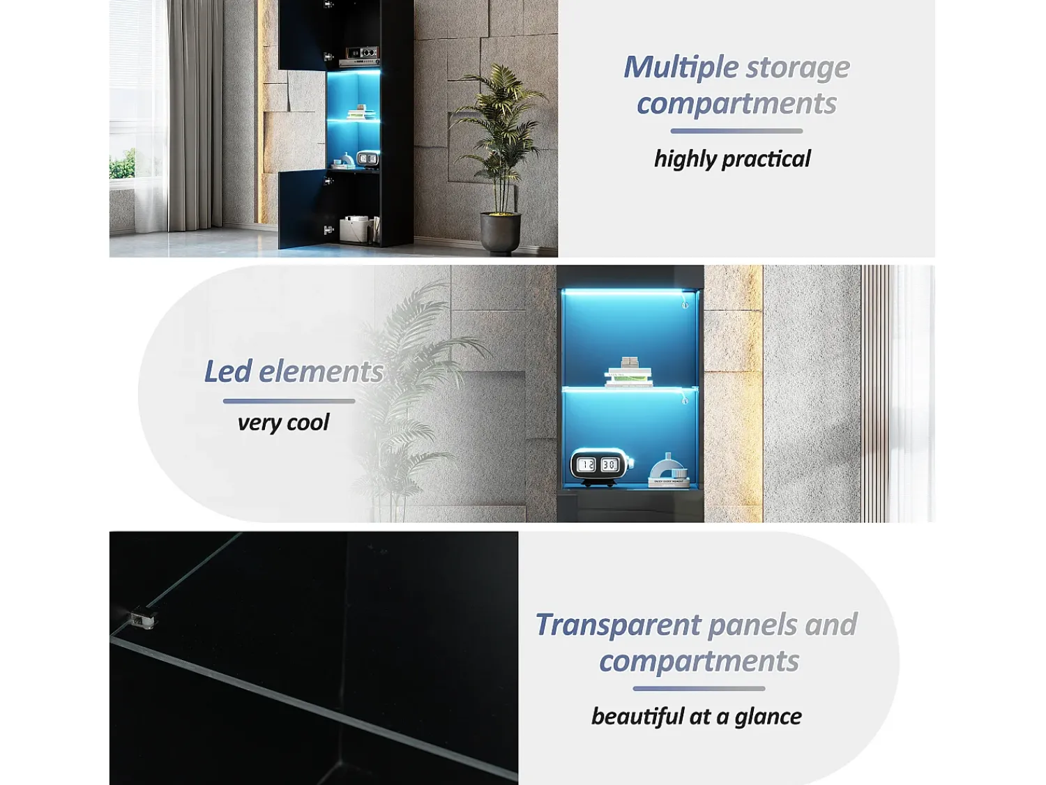 Discount Vitrine preta brilhante com iluminação LED - Armário alto para sala de estar - Armário de armazenamento - 45x35x160 cm Preto
