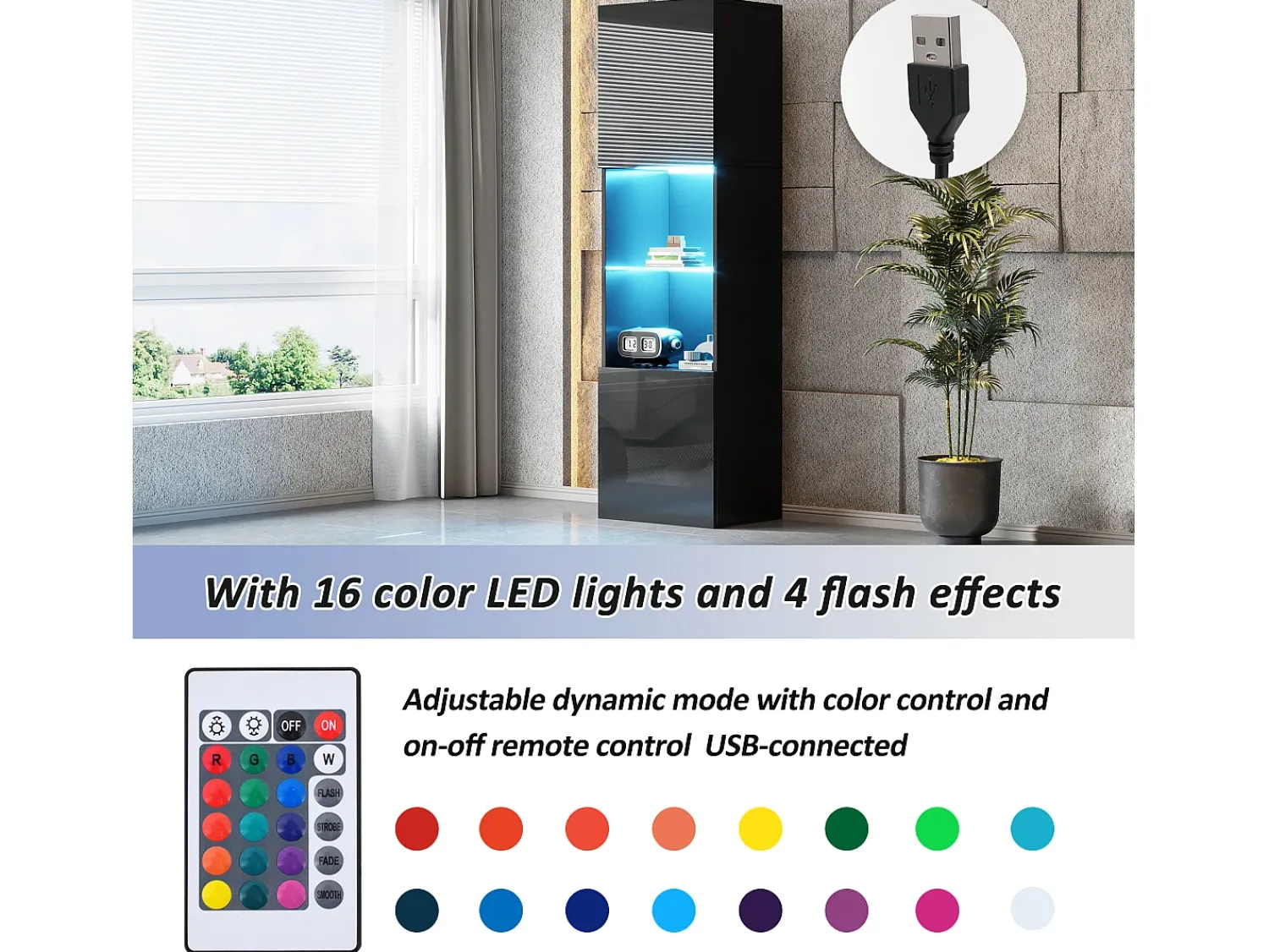 Discount Vitrine preta brilhante com iluminação LED - Armário alto para sala de estar - Armário de armazenamento - 45x35x160 cm Preto