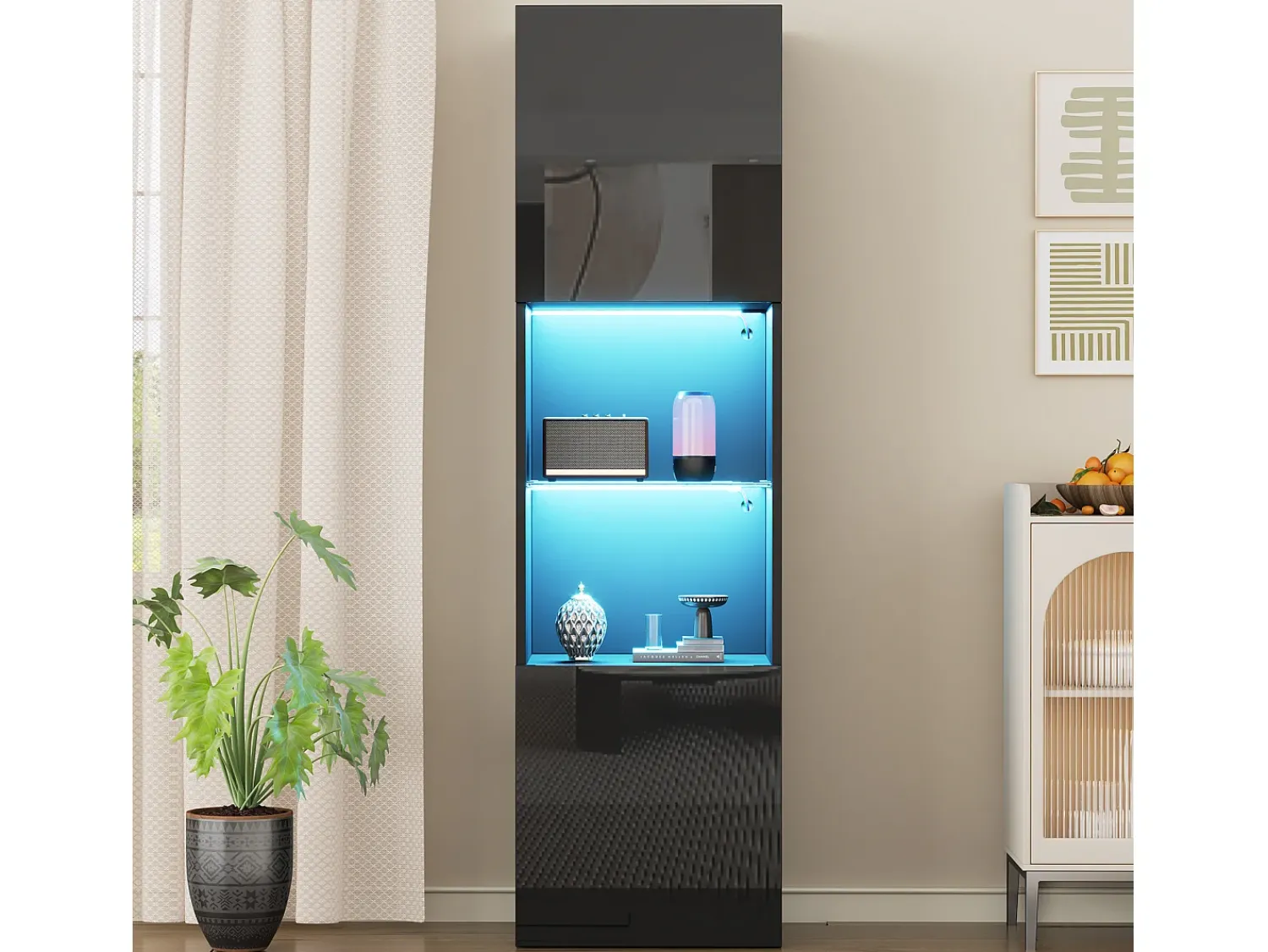 Discount Vitrine preta brilhante com iluminação LED - Armário alto para sala de estar - Armário de armazenamento - 45x35x160 cm Preto