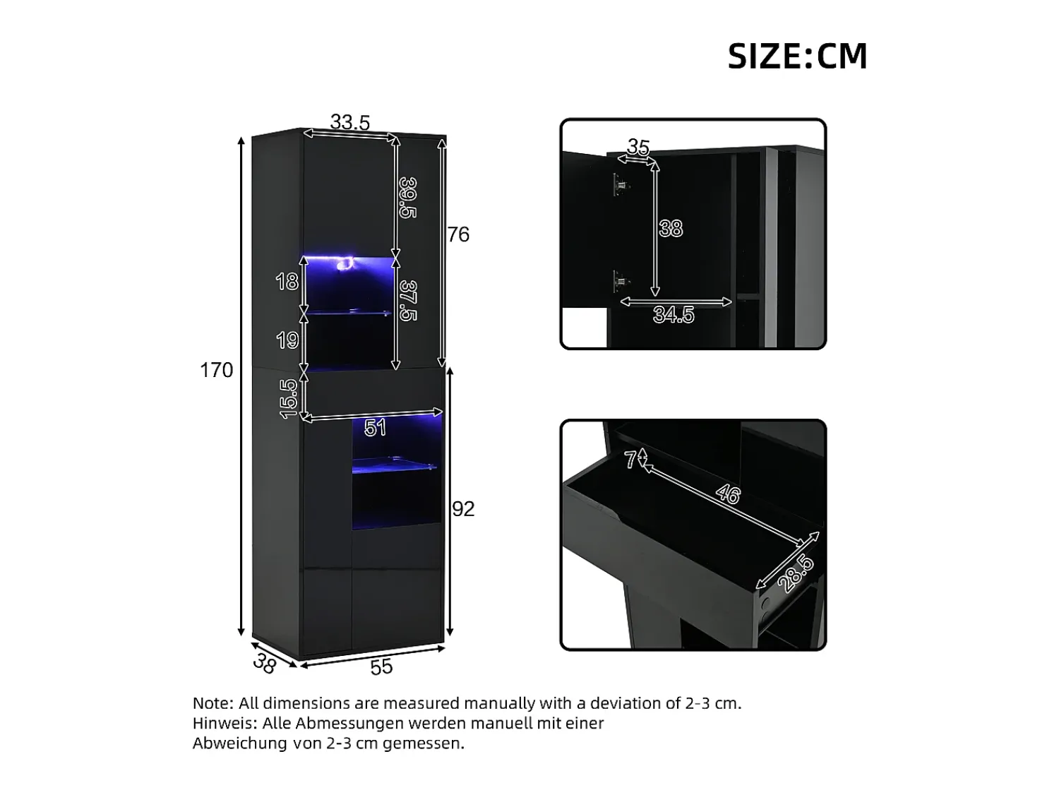Vitrina*Hauss Spole Vitrine preta com 1 gaveta, 4 portas e iluminação LED, prateleiras em vidro, 55x38x170 cm Preto