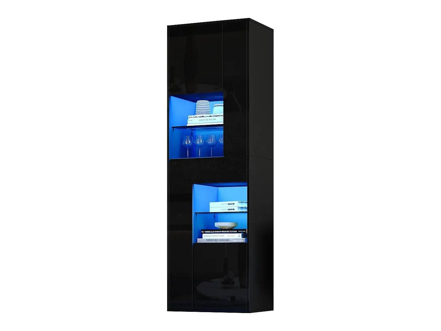 Vitrina*Hauss Spole Vitrine preta com 1 gaveta, 4 portas e iluminação LED, prateleiras em vidro, 55x38x170 cm Preto