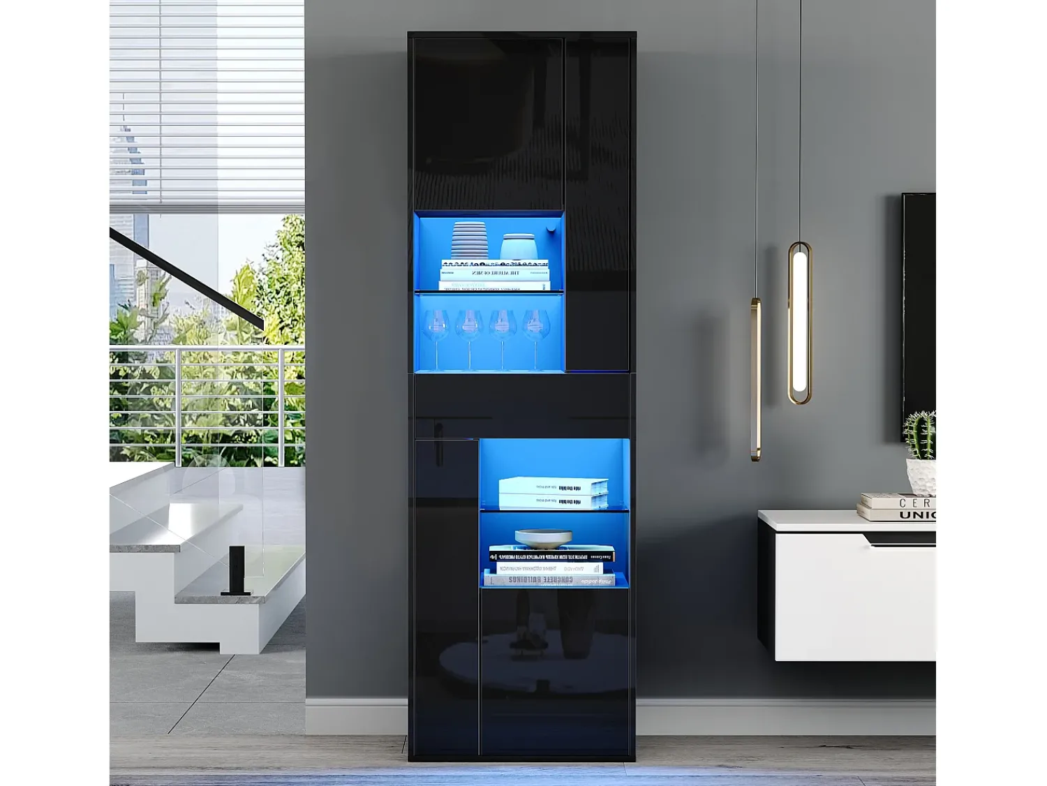 Vitrina*Hauss Spole Vitrine preta com 1 gaveta, 4 portas e iluminação LED, prateleiras em vidro, 55x38x170 cm Preto