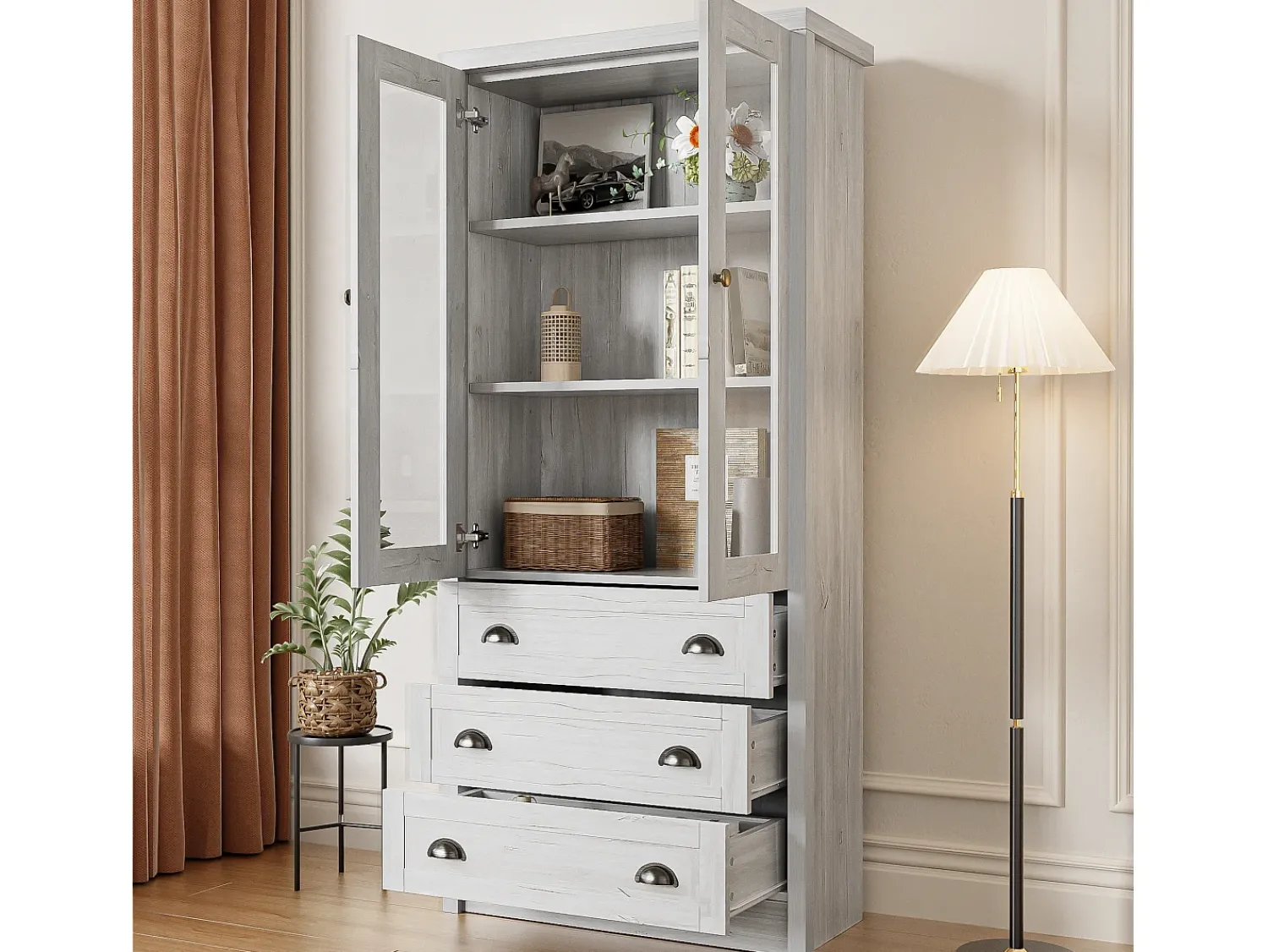ModernLuxe Vitrine 80x34x171 cm - com 2 portas de vidro - 3 gavetas - cinza + natural^ Vitrina