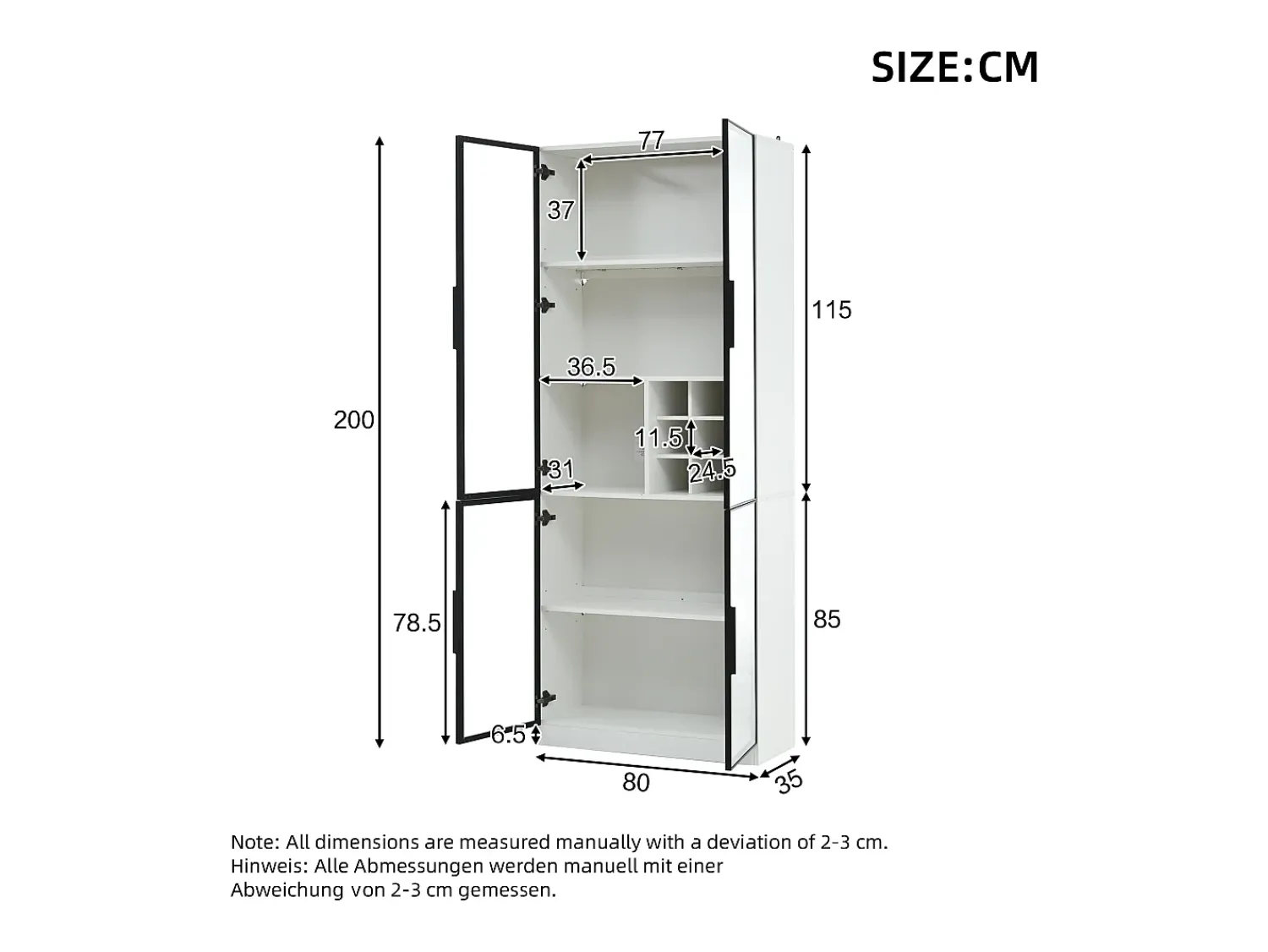 Vitrina|ModernLuxe Vitrine 80x35x200 cm - com iluminação LED - com armazenamento para vinho - 2 portas de vidro - Branco