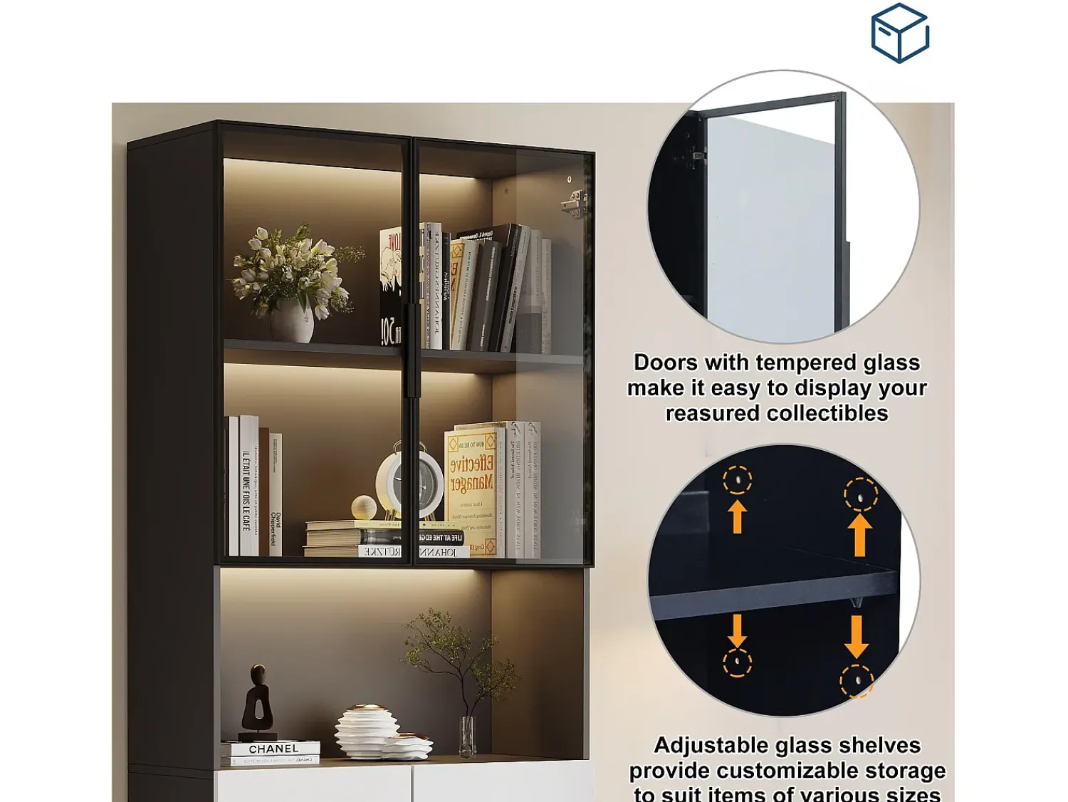 Vitrina|ModernLuxe Vitrine 80x30x200 cm com LED - 4 portas (2 portas de vidro) - Branco e Preto Preto / Branco