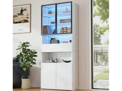Online ModernLuxe Vitrine 70x30x200cm - com 1 gaveta e 4 portas - com iluminação LED - painéis de partículas - Branco